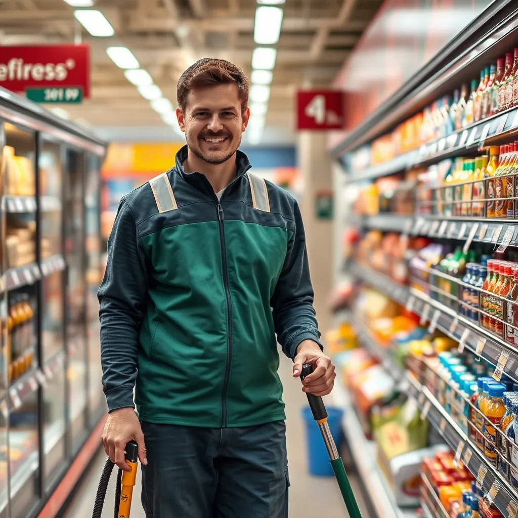 Mitarbeiterin bei der Reinigung im Supermarkt